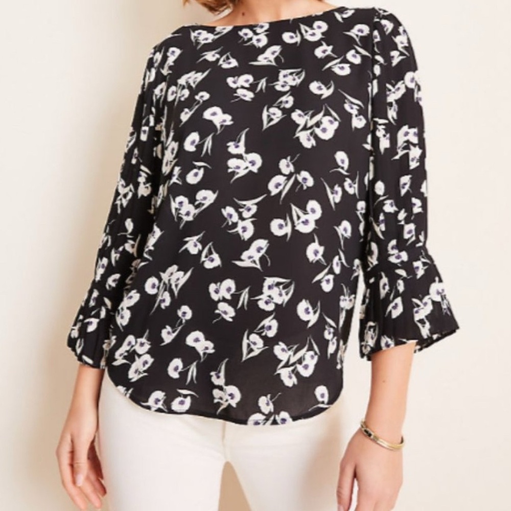 Ann Taylor Poppy  Black Sheer w/ Pleated Sleeve  Blouse. Sz S 38 “ bust